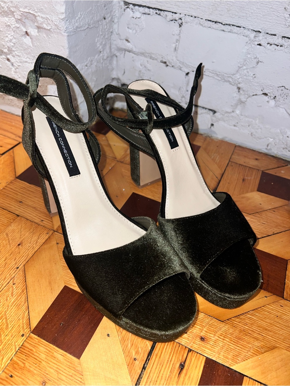 French Connection Dark Olive Velvet Block Heel Sandals